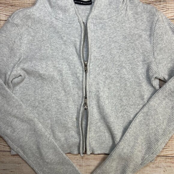 Brandy Melville Gray Ribbed Crop Hoodie Zip Up One Size Soft Knit Sweater Y2K - Picture 6 of 10